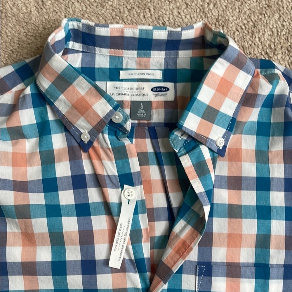 NWT Old Navy Casual Blue and Orange Plaid Shirt (Size; Large Tall) - Picture 2 of 5